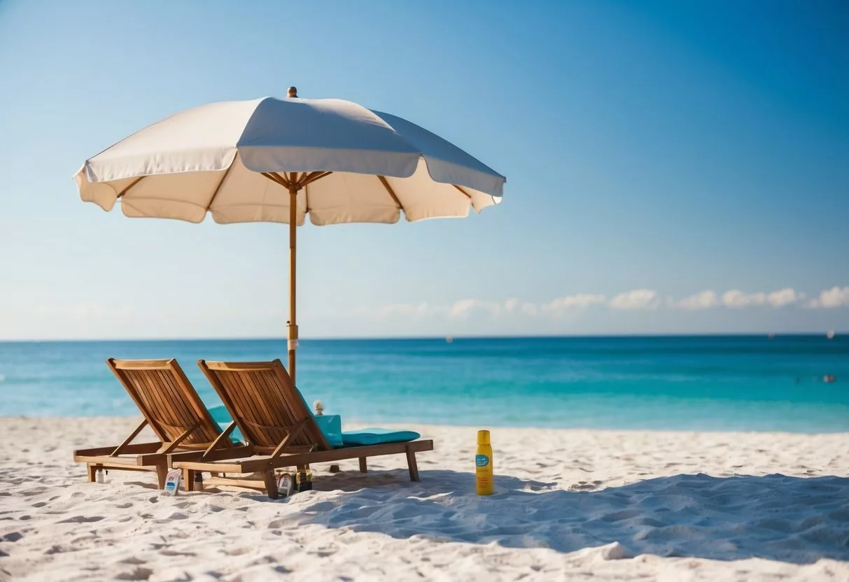 A serene beach with clear blue skies, a large umbrella casting shade, and a bottle of sunscreen nearby