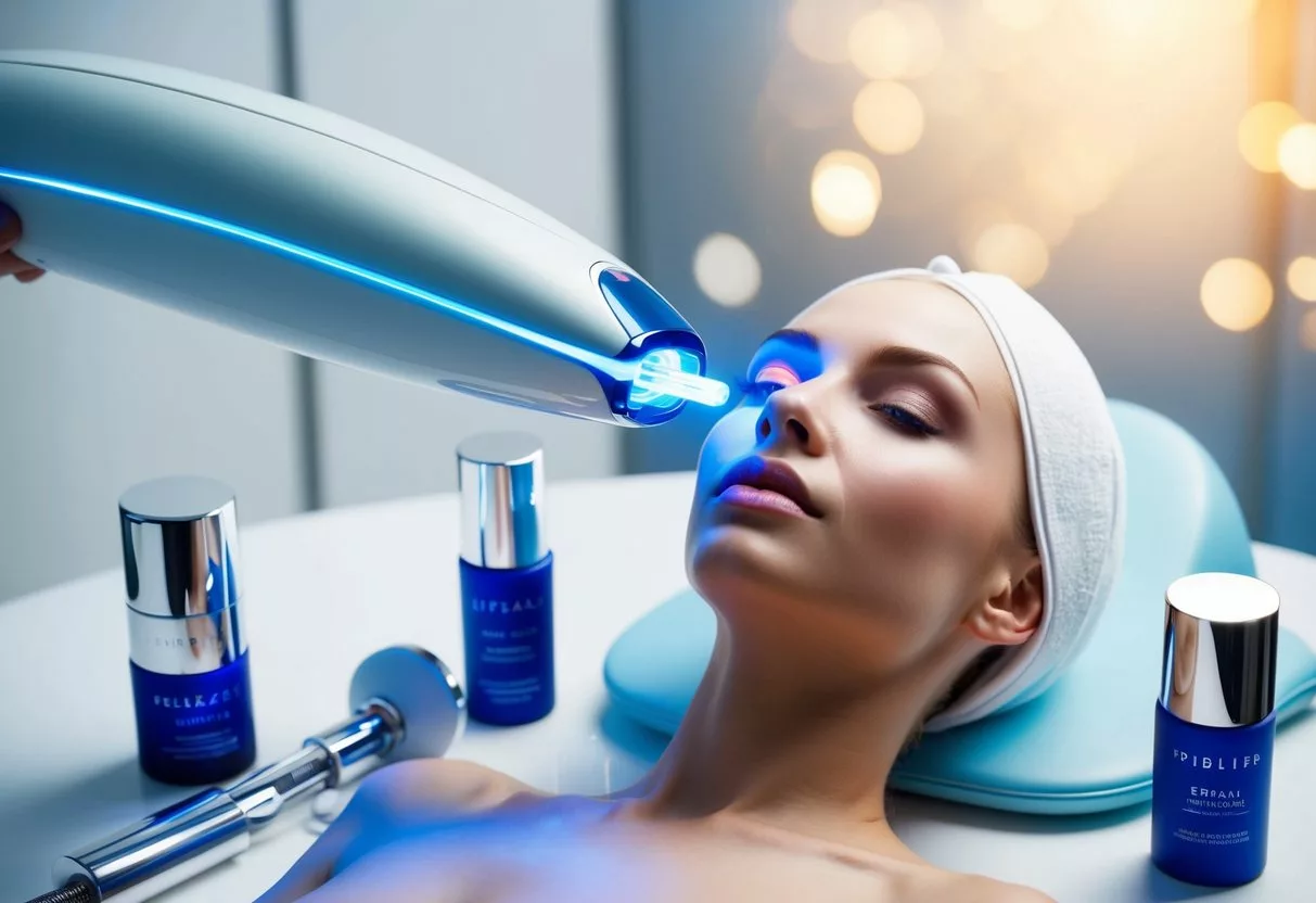 A futuristic laser machine emits a soft blue light, targeting a delicate crystal-clear skin model, surrounded by sleek, modern skincare products and advanced technology