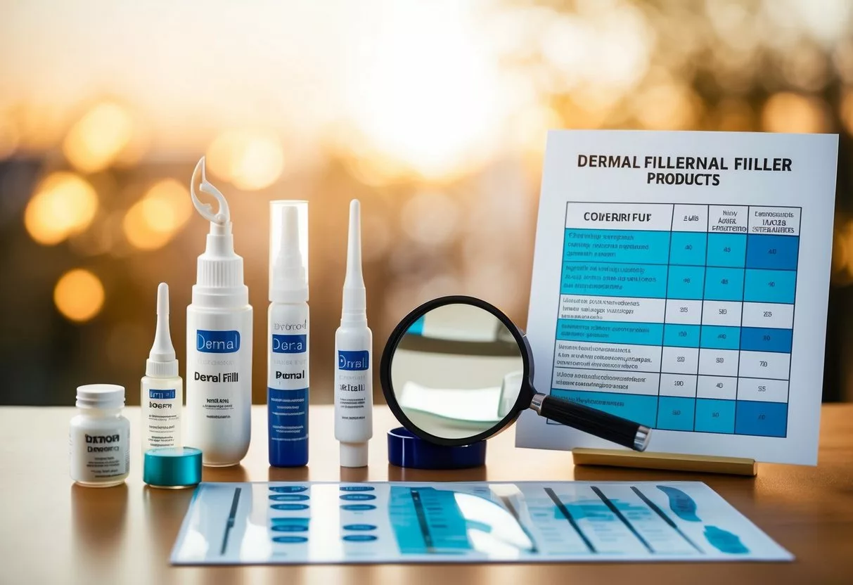 A table with various dermal filler products, a magnifying glass, and a chart comparing different anti-aging treatments