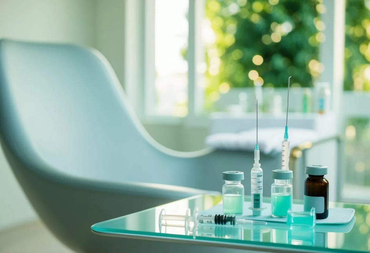 A serene spa room with a sleek, modern chair and a table holding vials, syringes, and medical equipment for injectable anti-aging treatments