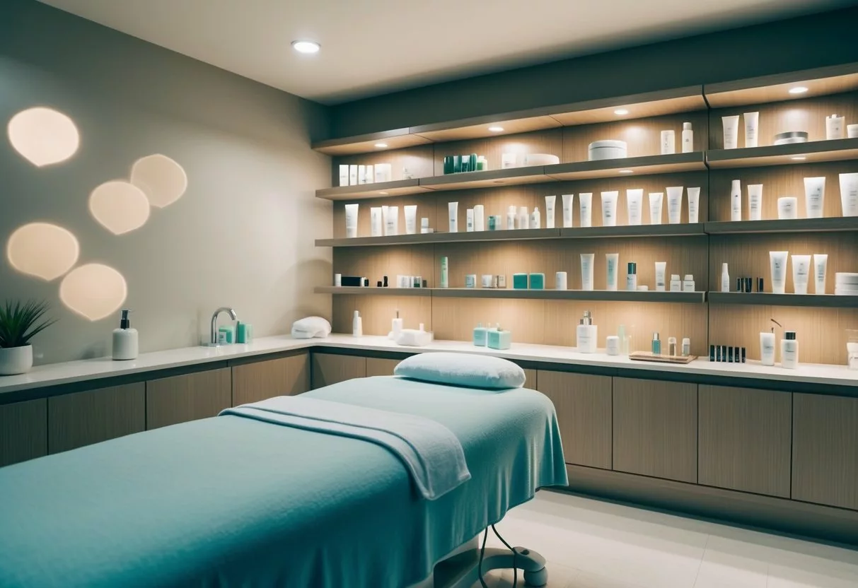 A serene spa room with soft lighting, a comfortable treatment bed, and shelves filled with various anti-aging skincare products and tools