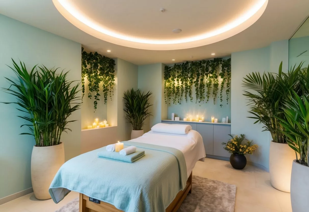 A serene spa room with soft lighting and a comfortable treatment bed, surrounded by botanical decor and soothing music