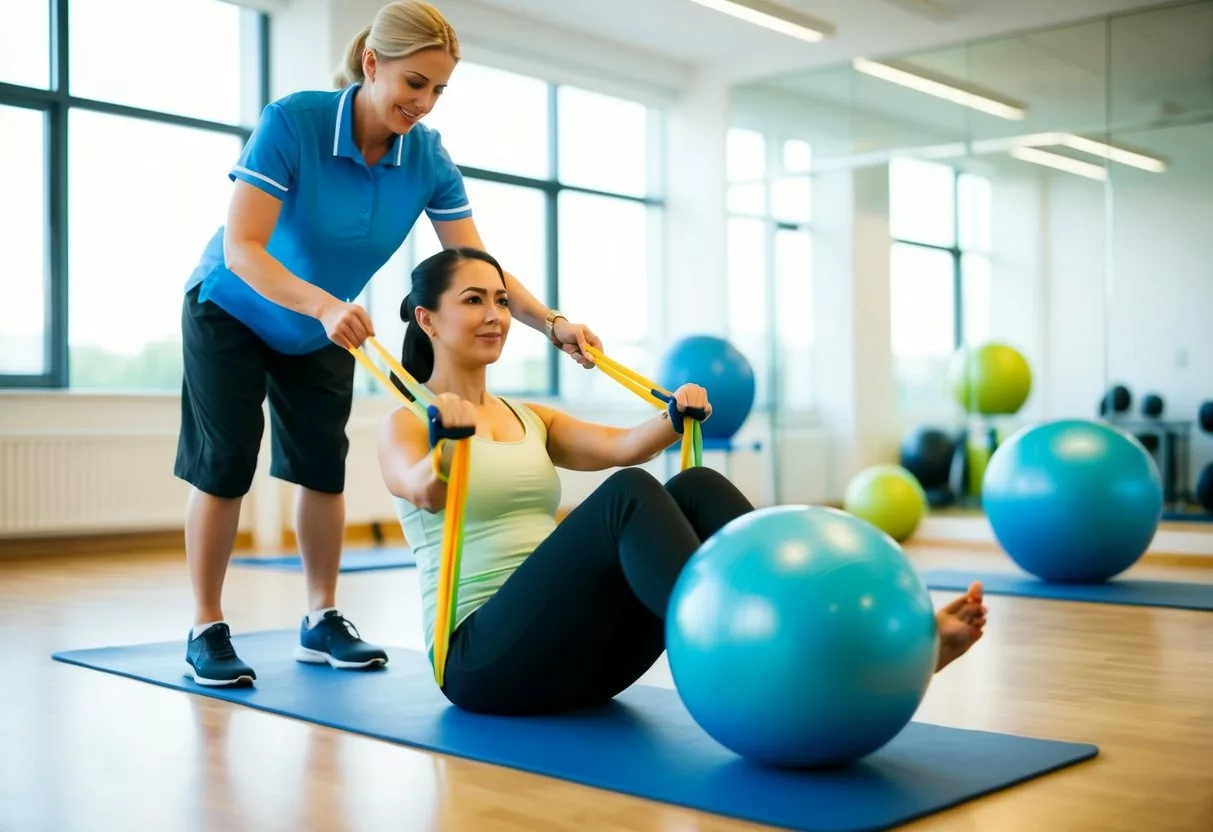 A therapist guides a patient through exercises using resistance bands and therapy balls in a bright, spacious rehabilitation gym