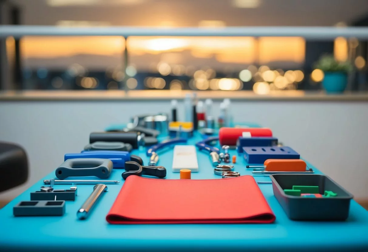 A table with various occupational therapy tools and equipment arranged neatly