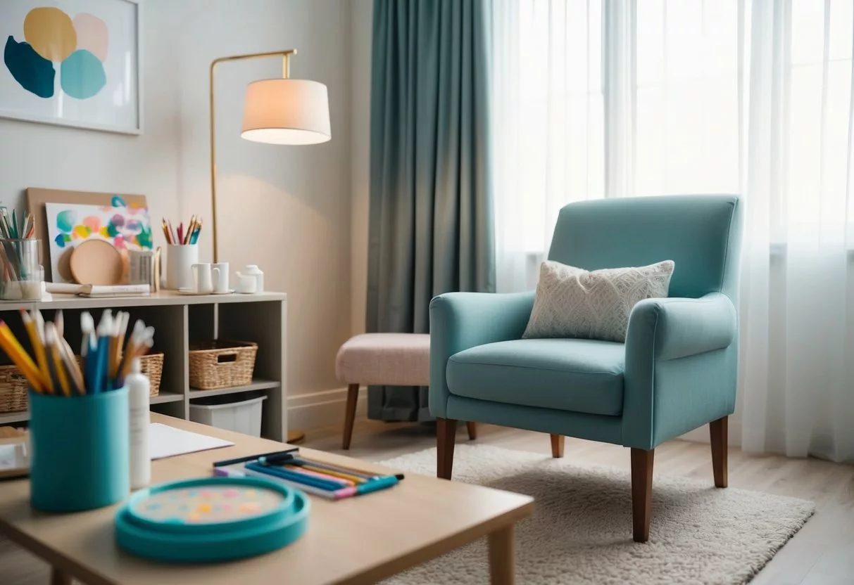 A serene room with art supplies, a cozy chair, and soft lighting for a calming occupational therapy session for mental health