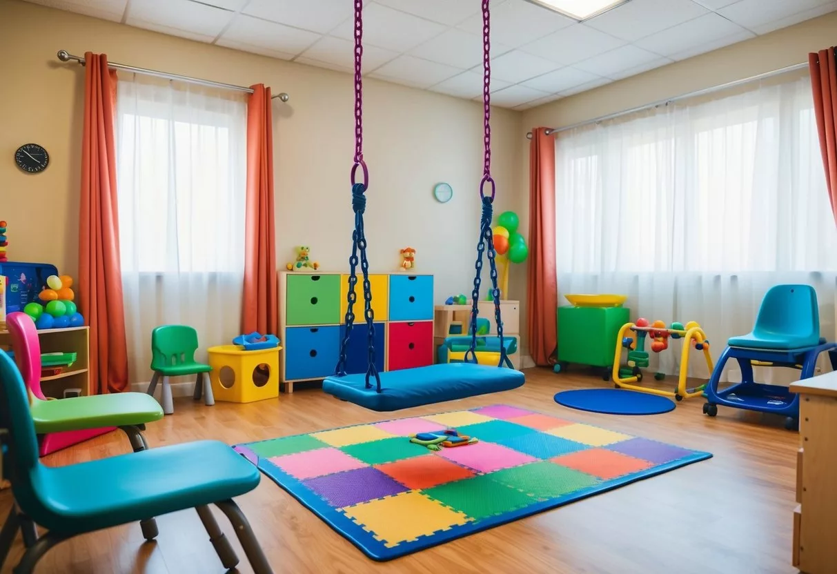 A cozy therapy room with colorful sensory tools, a therapy swing, and various adaptive equipment for fine motor and gross motor activities