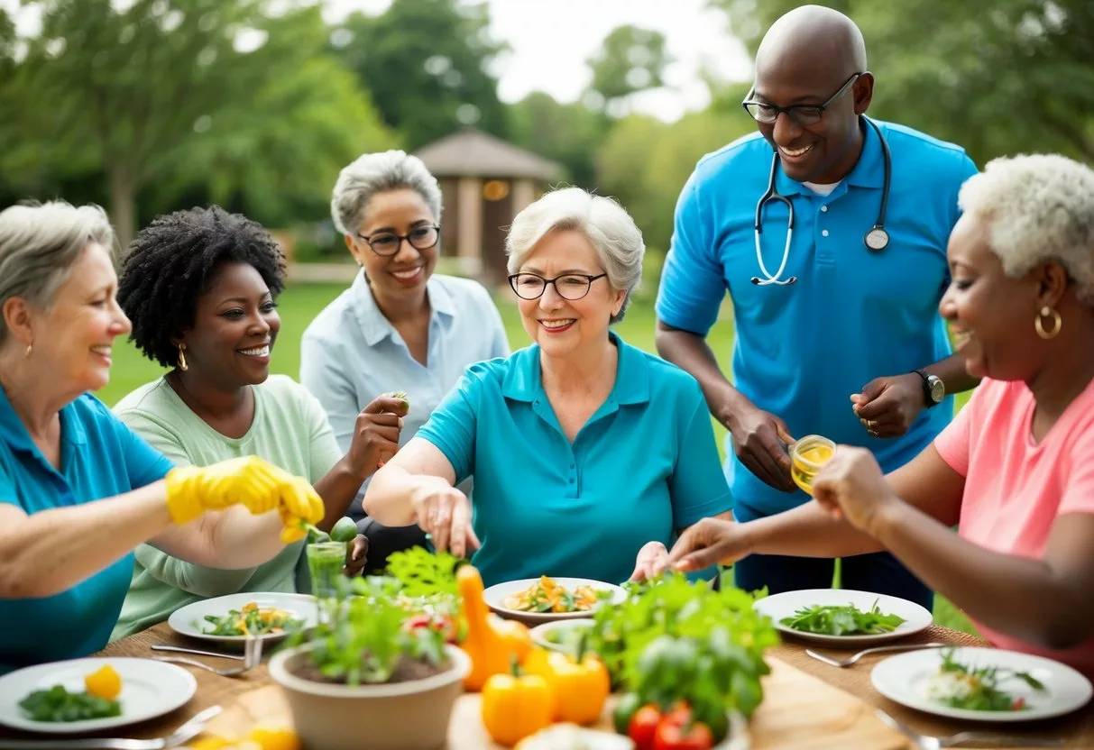 A group of diverse individuals engage in various community activities, such as gardening, cooking, and exercising, under the guidance of an occupational therapist