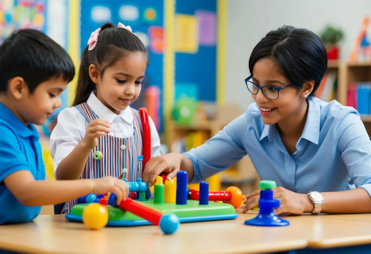 An occupational therapist working with children in a school setting, using sensory tools and adaptive equipment