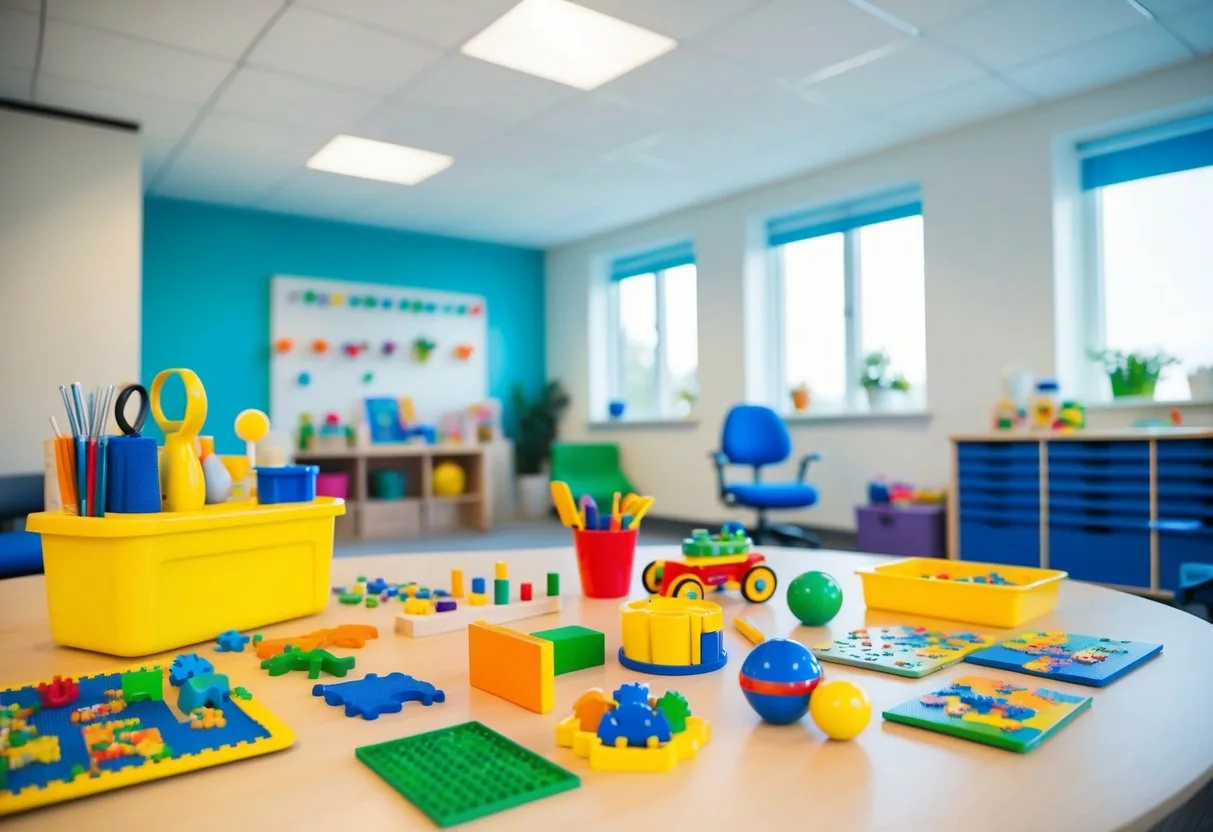 A peaceful setting with various tools and activities, such as art supplies, puzzles, and sensory equipment, arranged in a spacious and bright therapy room for occupational therapy sessions