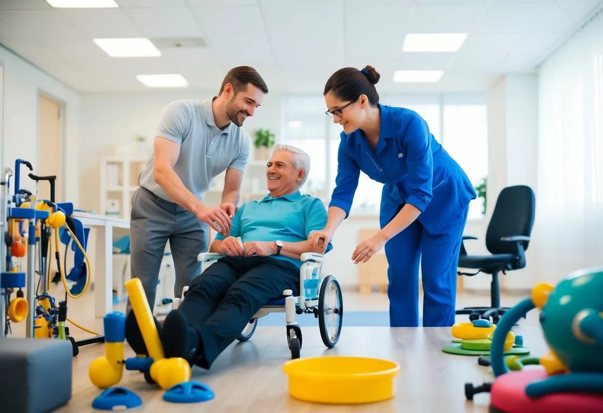 An occupational therapist guiding a client through a series of therapeutic activities in a bright, spacious room filled with various adaptive equipment and tools