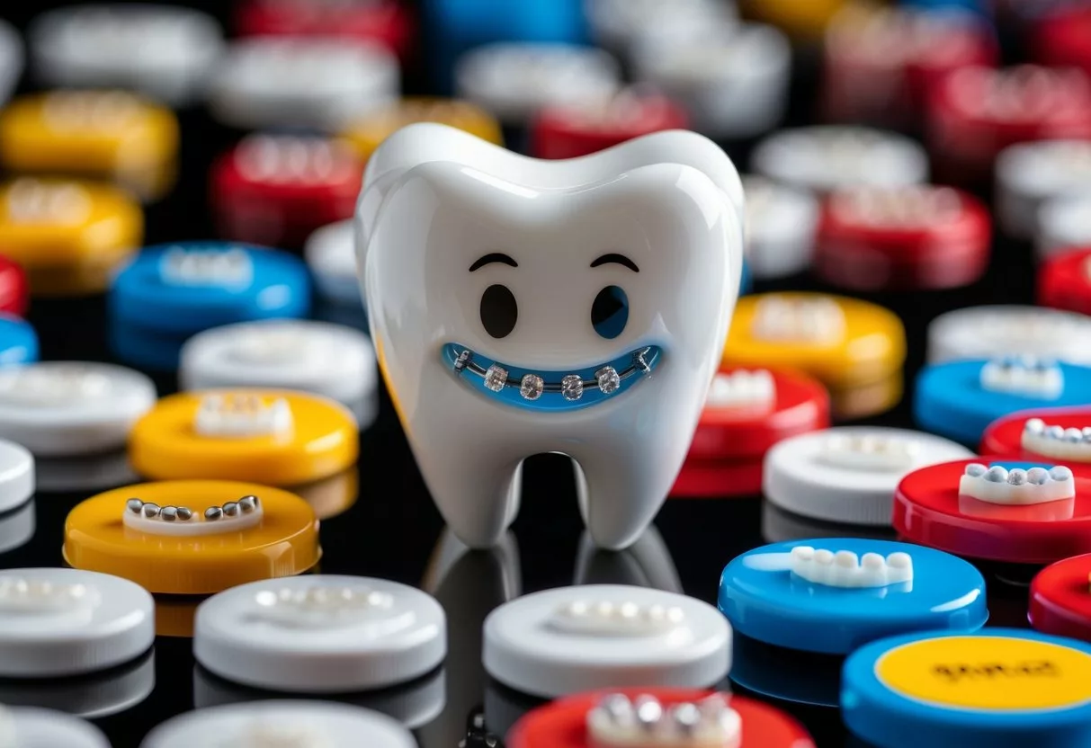 A smiling tooth with braces surrounded by various orthodontic treatment options