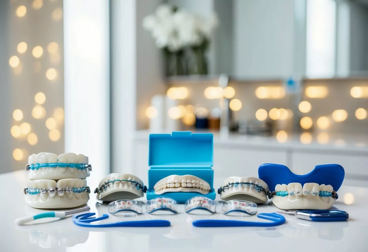 A variety of orthodontic appliances arranged neatly on a clean, white surface, including braces, aligners, retainers, and other dental tools