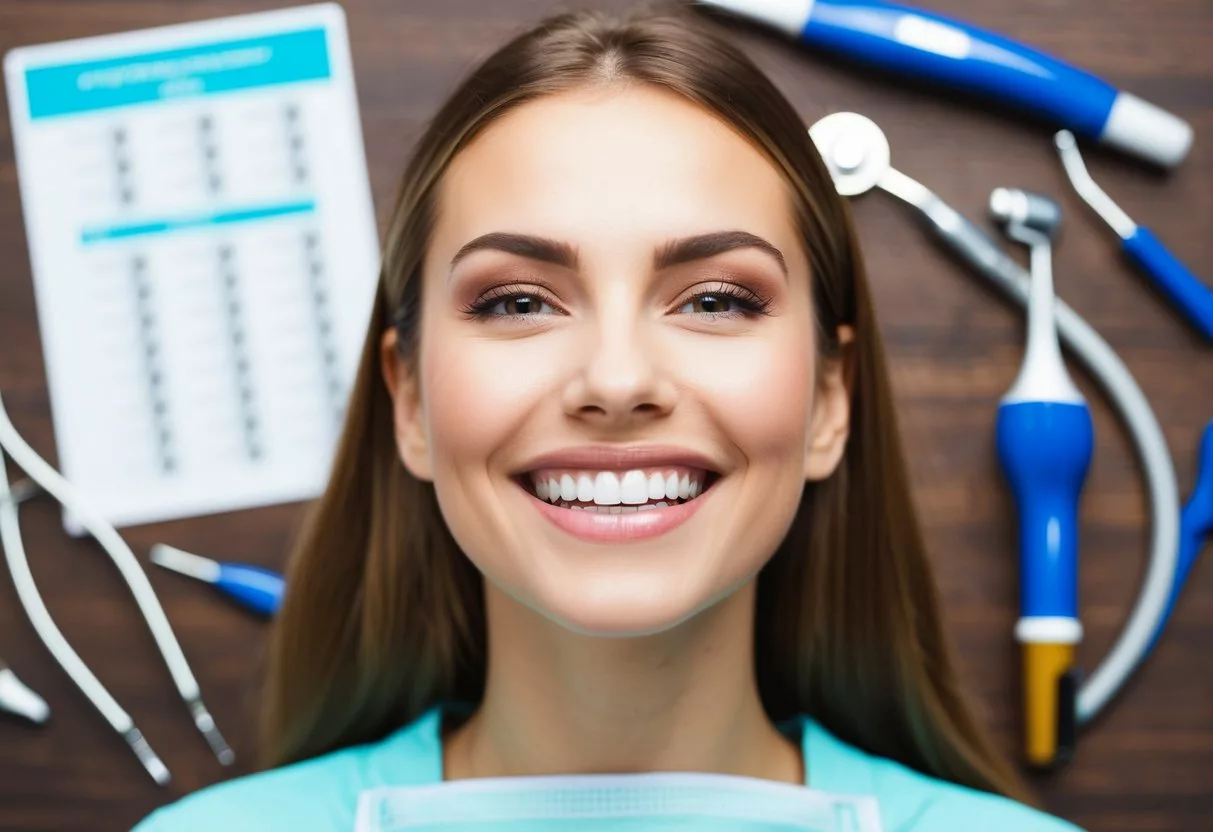 A smiling face with straight, aligned teeth, surrounded by dental tools and an orthodontic treatment plan