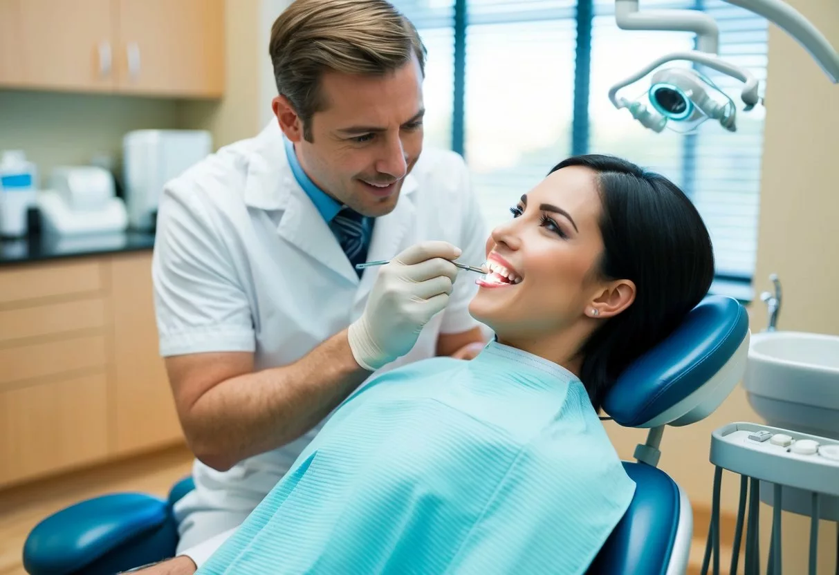 A patient sitting in a dentist chair while a dentist examines their teeth and discusses orthodontic treatment options