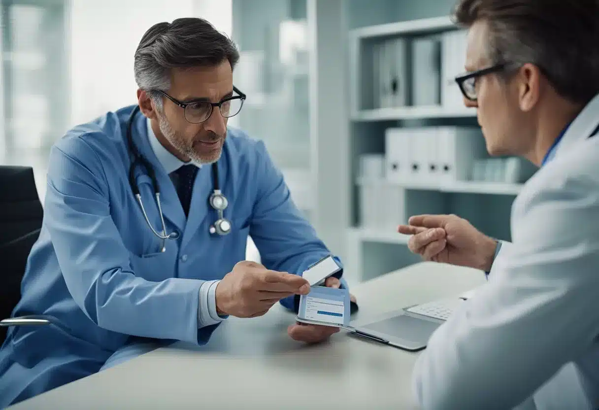 A doctor reviews a high A1c result with a concerned patient, discussing ways to manage and lower it through lifestyle changes and medication