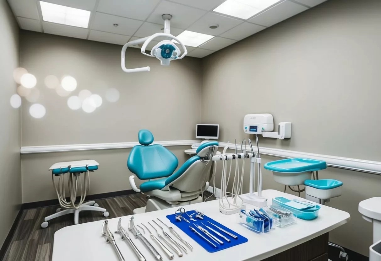 A dental office with modern orthodontic equipment and tools. The room is well-lit and spacious, with a comfortable treatment chair and a variety of orthodontic instruments neatly organized on a table