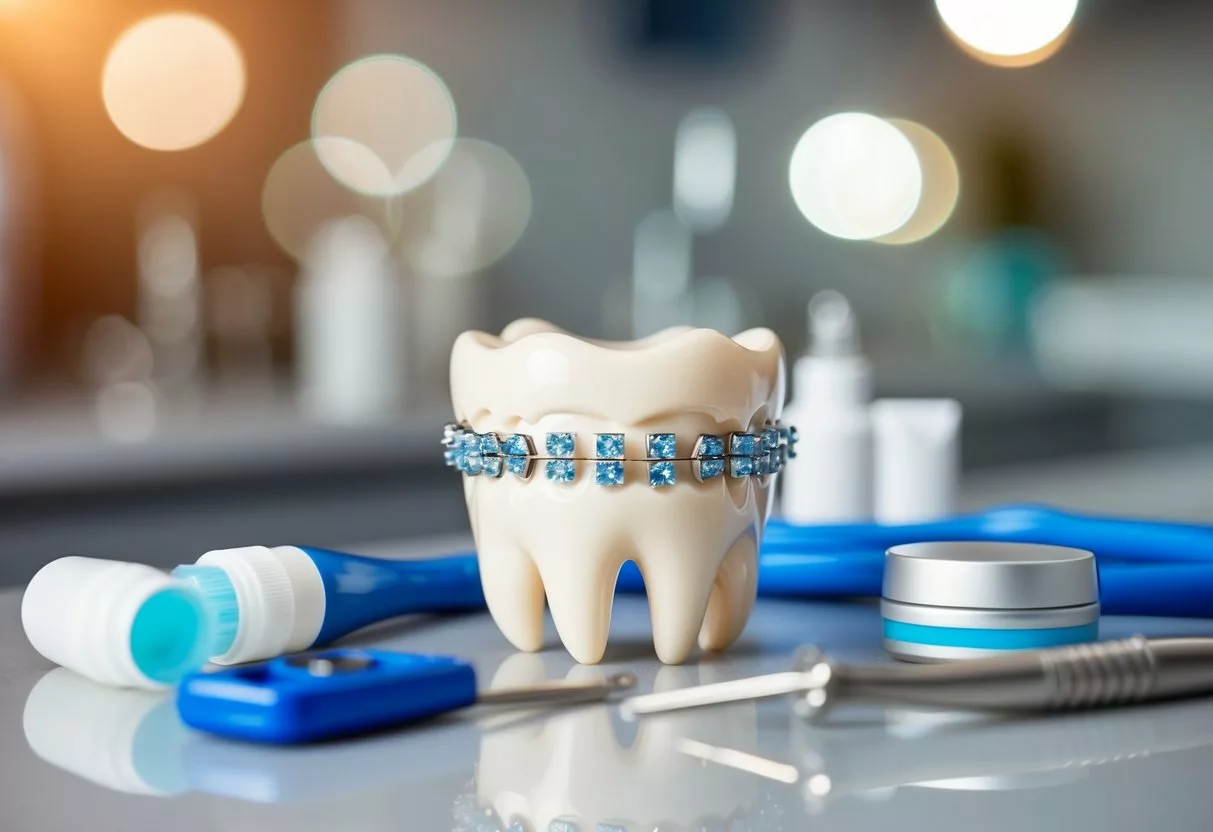 A smiling tooth with braces surrounded by dental tools and products