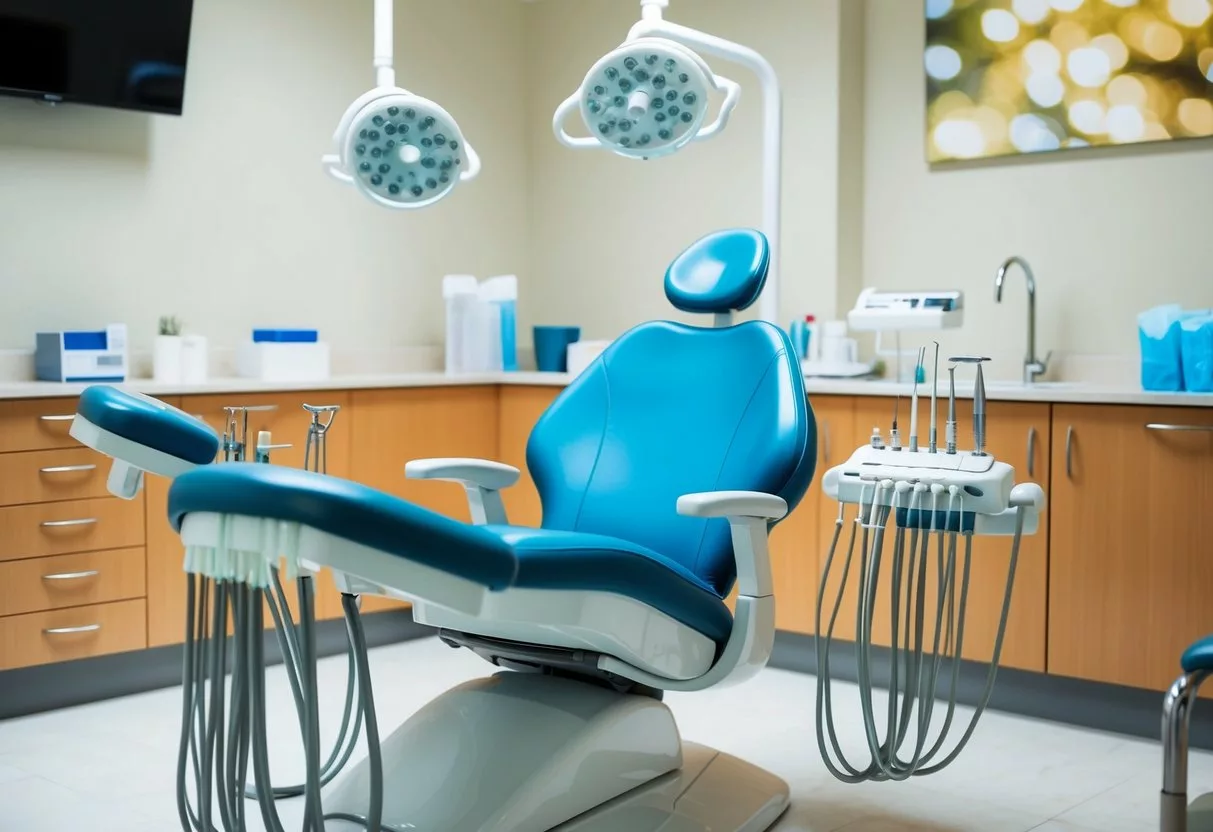 A dental chair with orthodontic tools and equipment arranged neatly beside it in a well-lit treatment room