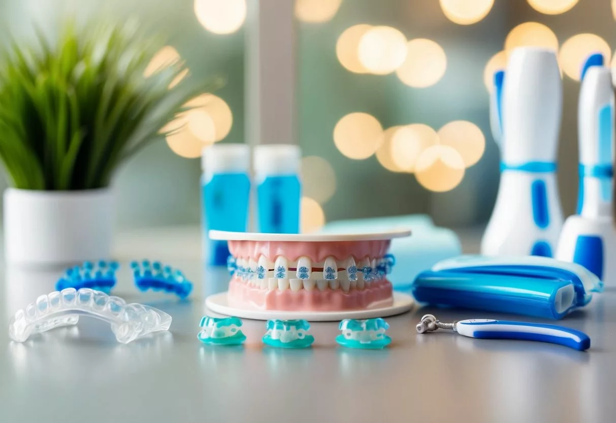 A table displaying braces, aligners, and orthodontic tools