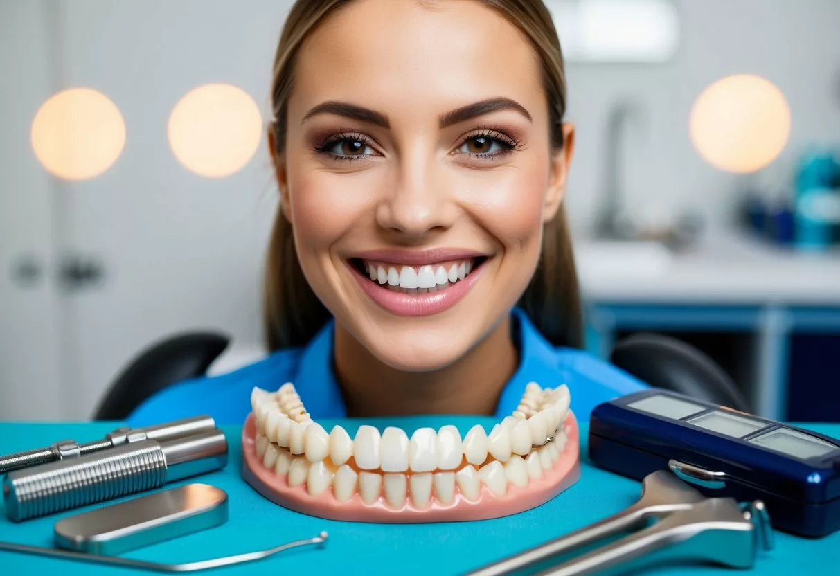 A smiling mouth with straight, aligned teeth surrounded by orthodontic tools and equipment