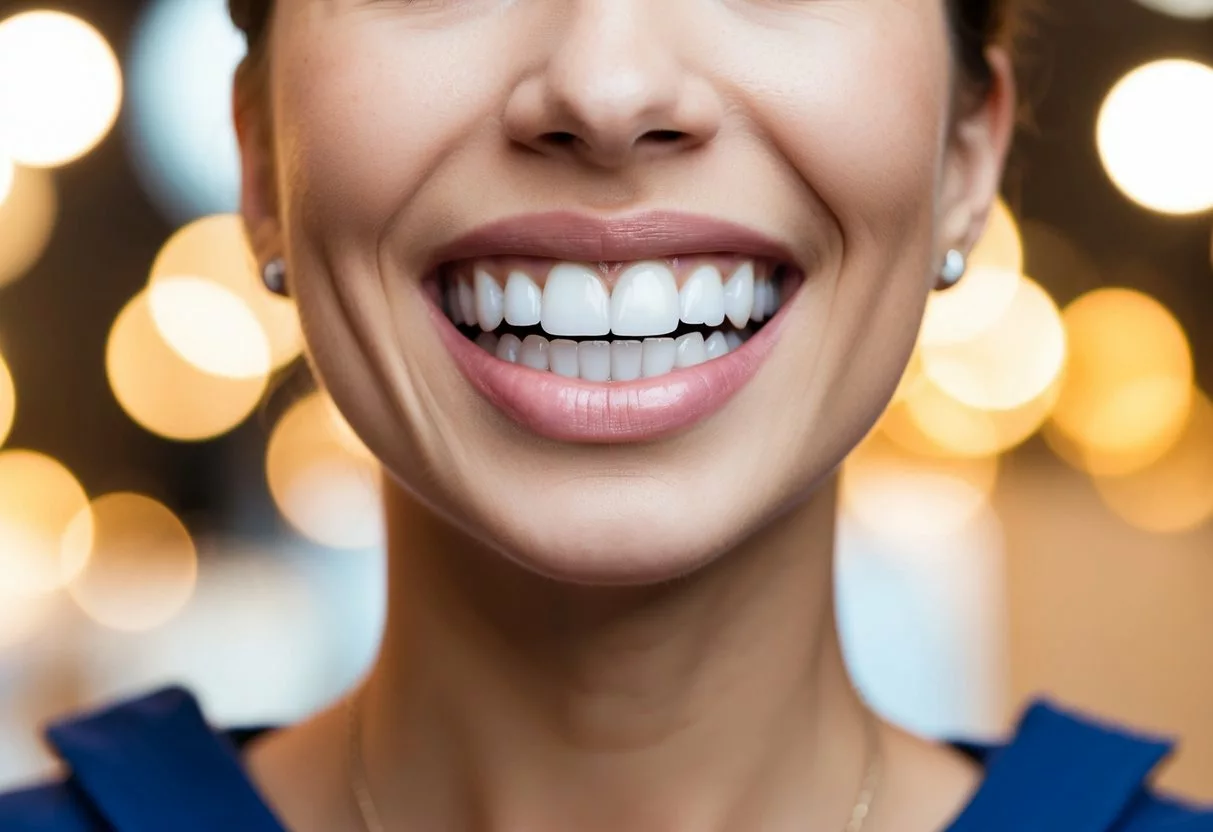 A smiling mouth with perfect teeth, framed by a set of dental veneers