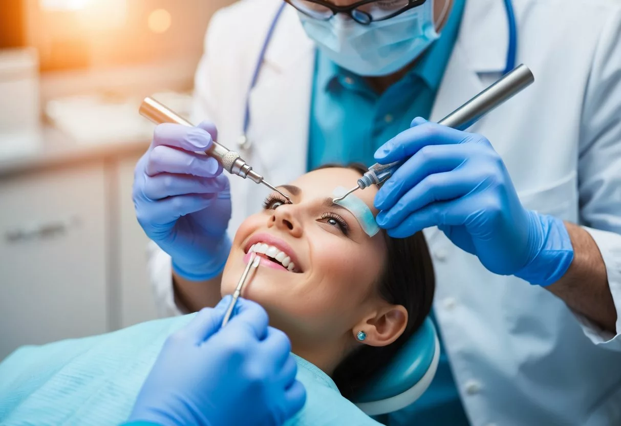 A dental veneer being carefully placed onto a tooth by a dentist using precision tools