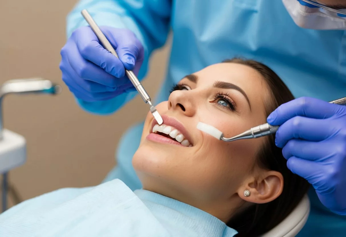 A dentist carefully applies a thin layer of veneer to a tooth, using precision tools and a steady hand