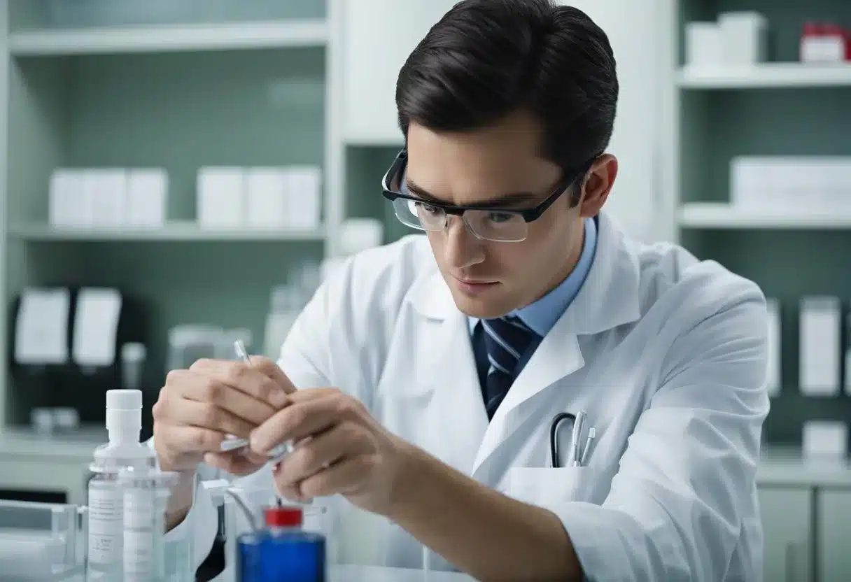 A lab technician draws blood for an A1c test. The results show high levels, prompting the doctor to discuss prevention strategies with the patient