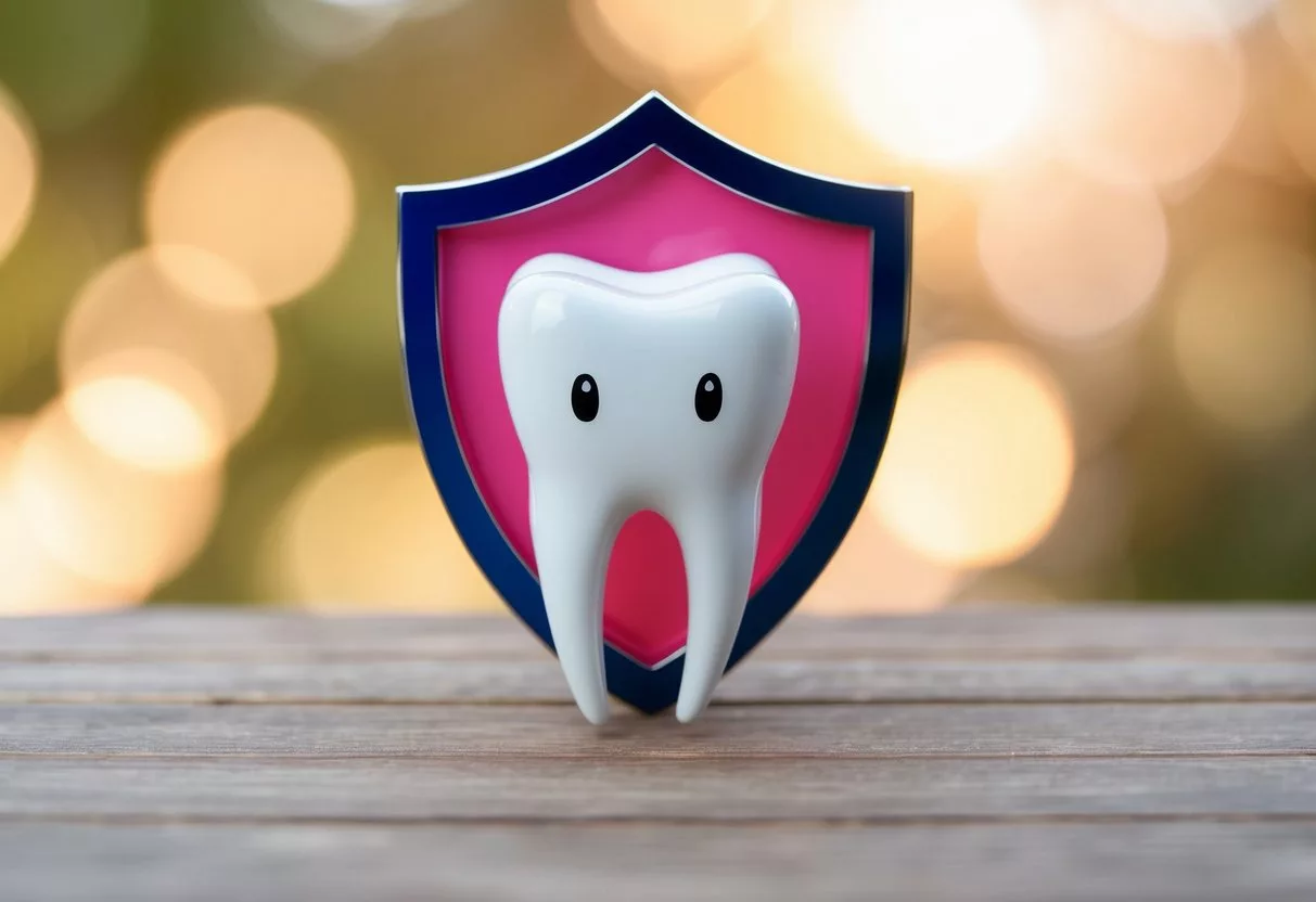 A smiling tooth with a veneer surrounded by a protective shield, symbolizing insurance and financing options