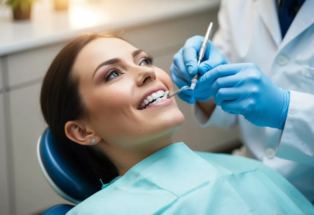 A dentist carefully applies dental veneers to a set of teeth, ensuring a perfect fit and natural appearance