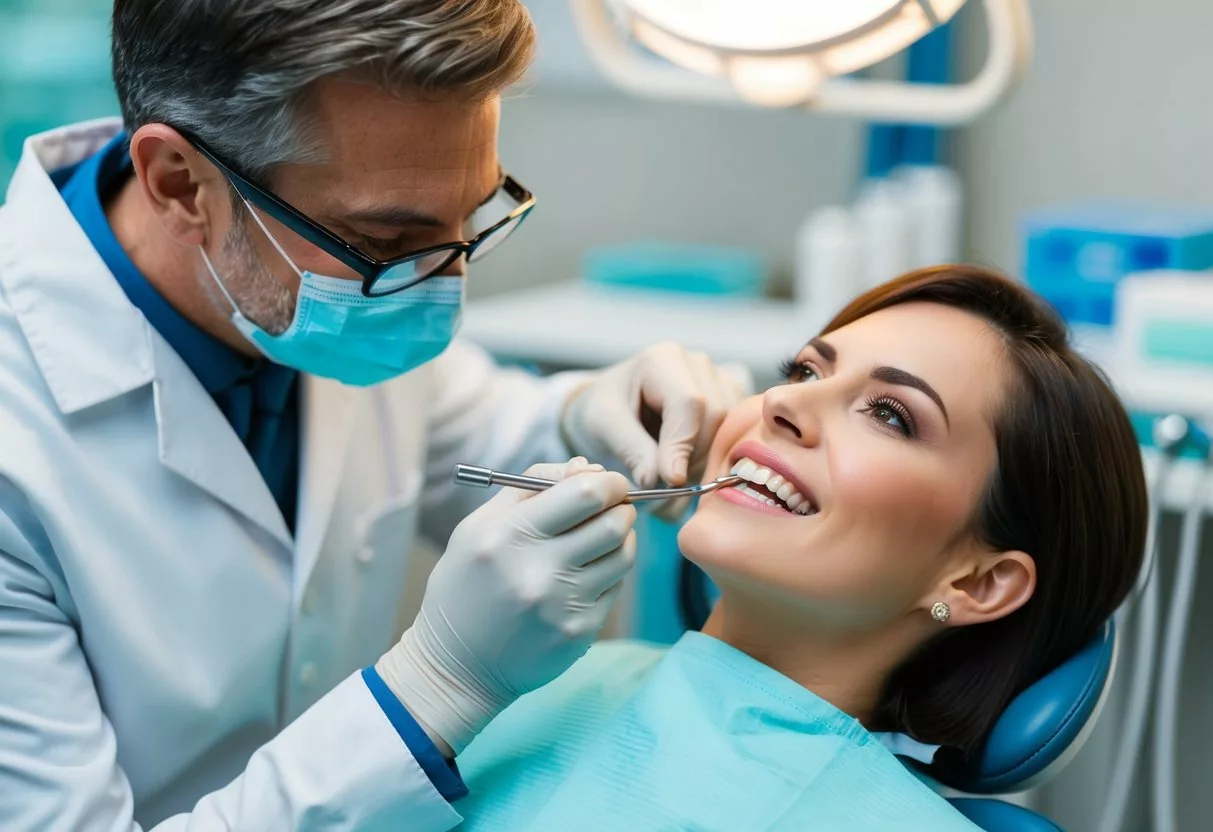 A dentist carefully selects and prepares dental veneers for a patient's smile makeover