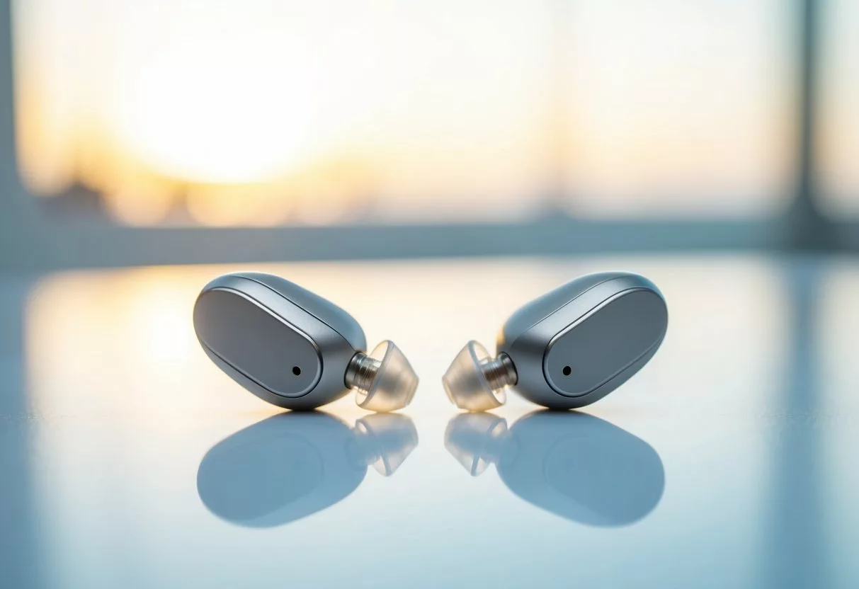 A pair of sleek, modern hearing aids sitting on a clean, white surface, with small, intricate details visible in the design