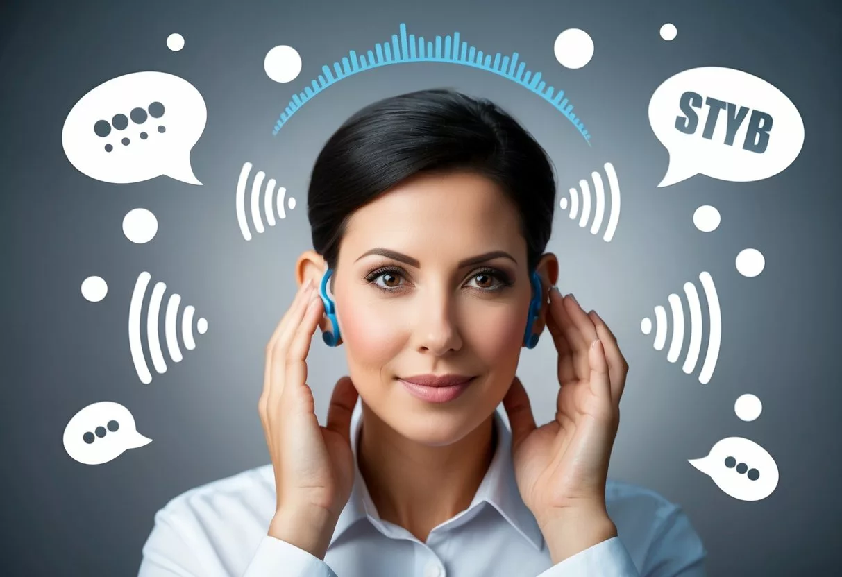 A person wearing advanced hearing aids, surrounded by sound waves and speech bubbles