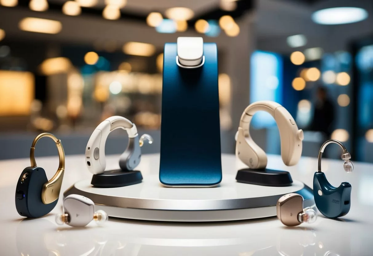 A variety of advanced hearing aids arranged on a sleek, modern display stand