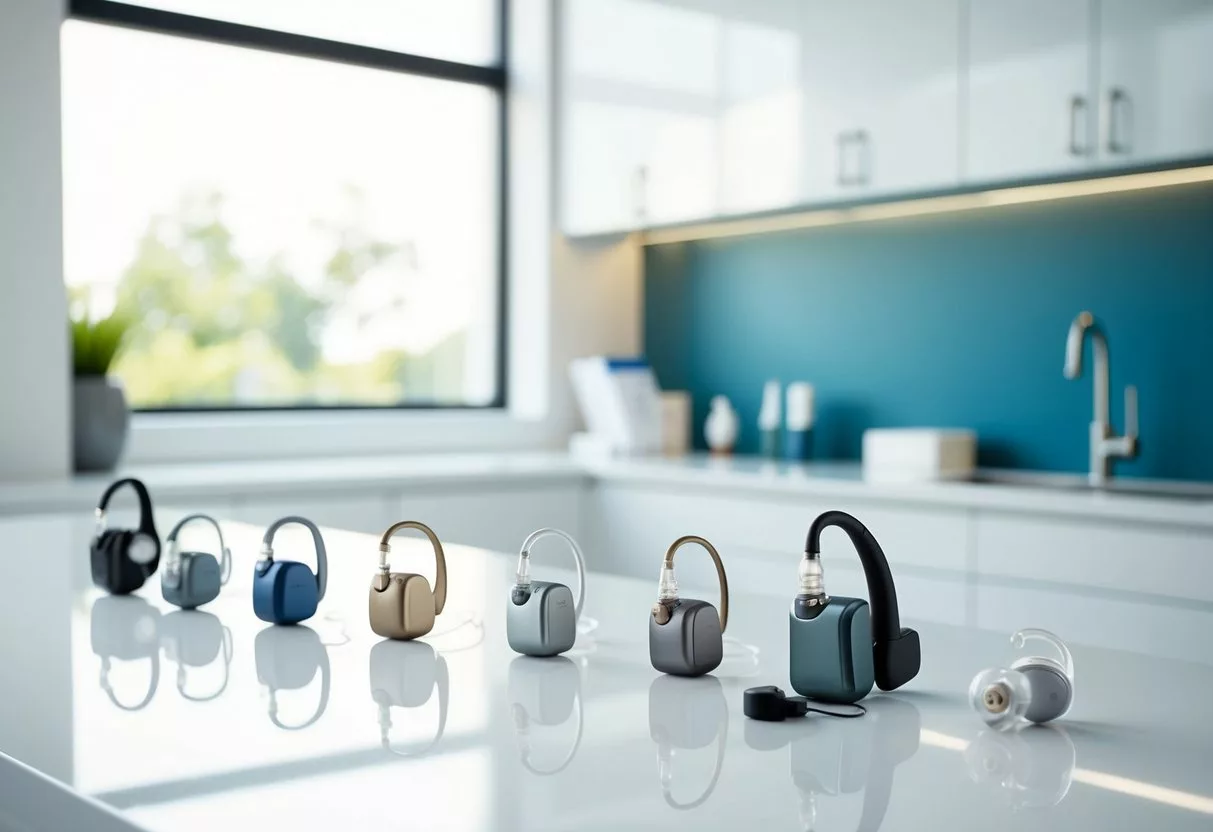 A variety of modern hearing aids displayed on a sleek, white countertop in a brightly lit, professional office setting