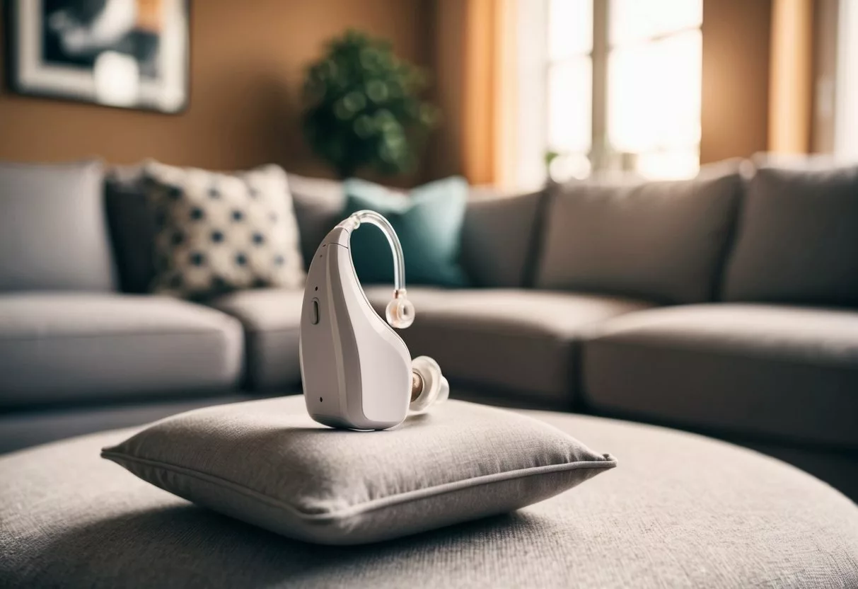 A modern, sleek hearing aid sits on a soft cushion, surrounded by a cozy living room with warm lighting and comfortable furniture