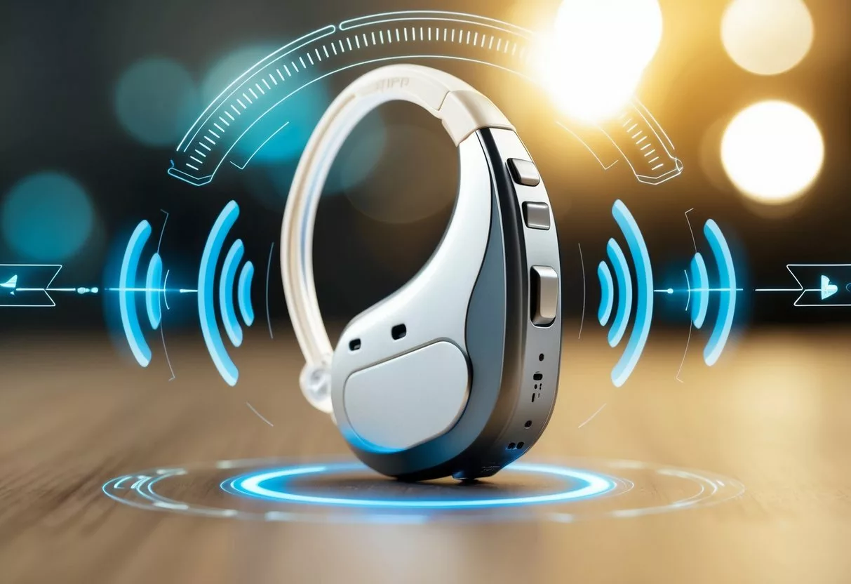 A modern, sleek hearing aid device with advanced technology features, surrounded by sound waves and digital signals