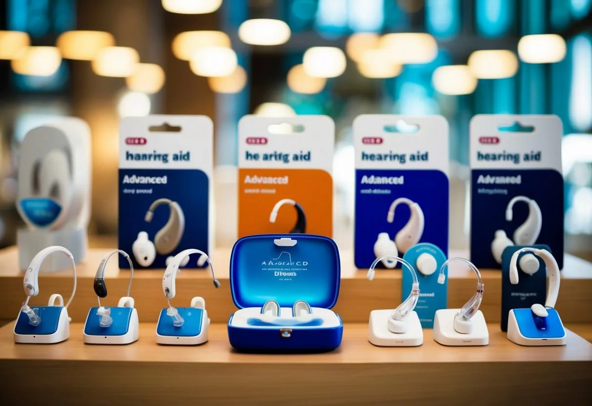 A display of advanced hearing aid brands and models