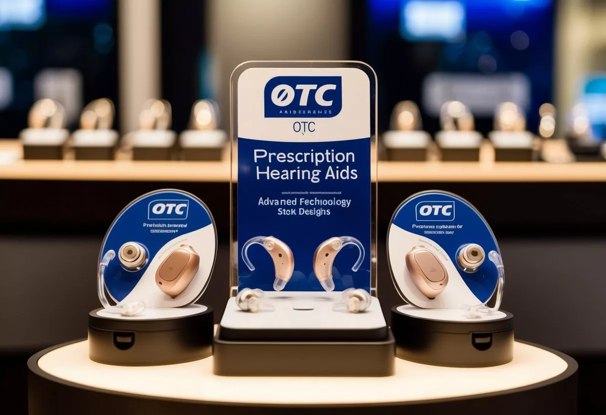 A display of OTC and prescription hearing aids with advanced technology and sleek designs