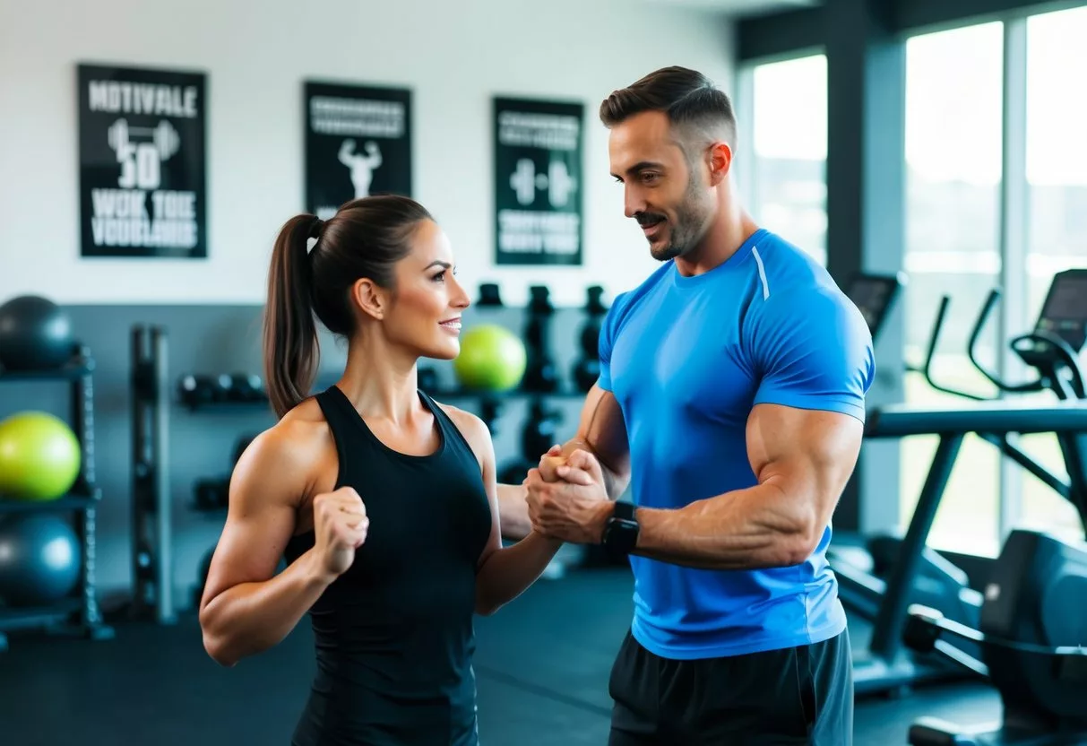 A fitness trainer guiding a client through a workout routine in a modern gym setting, with various exercise equipment and motivational posters on the walls