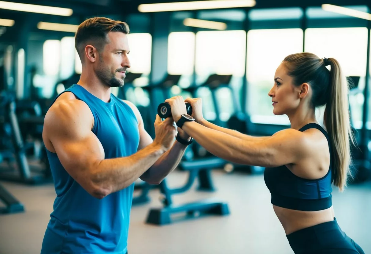 A personal trainer guiding a client through a workout, demonstrating proper form and technique for various exercises