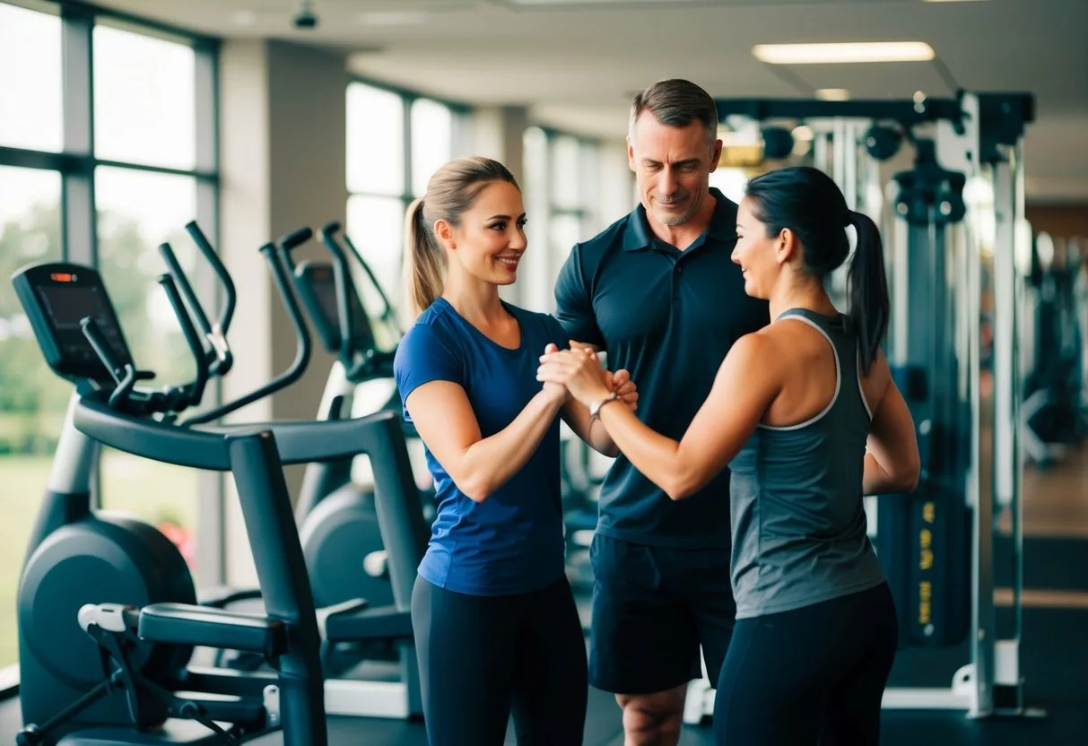 A gym with modern exercise equipment and a personal trainer assisting a client