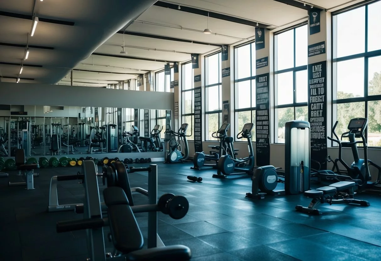 A spacious gym with various workout equipment and mirrors, surrounded by motivational posters and natural light streaming in through large windows