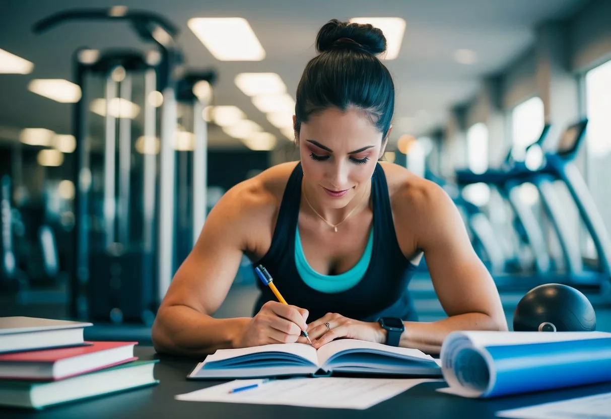 A fitness trainer studying books and notes, surrounded by exercise equipment and certification materials