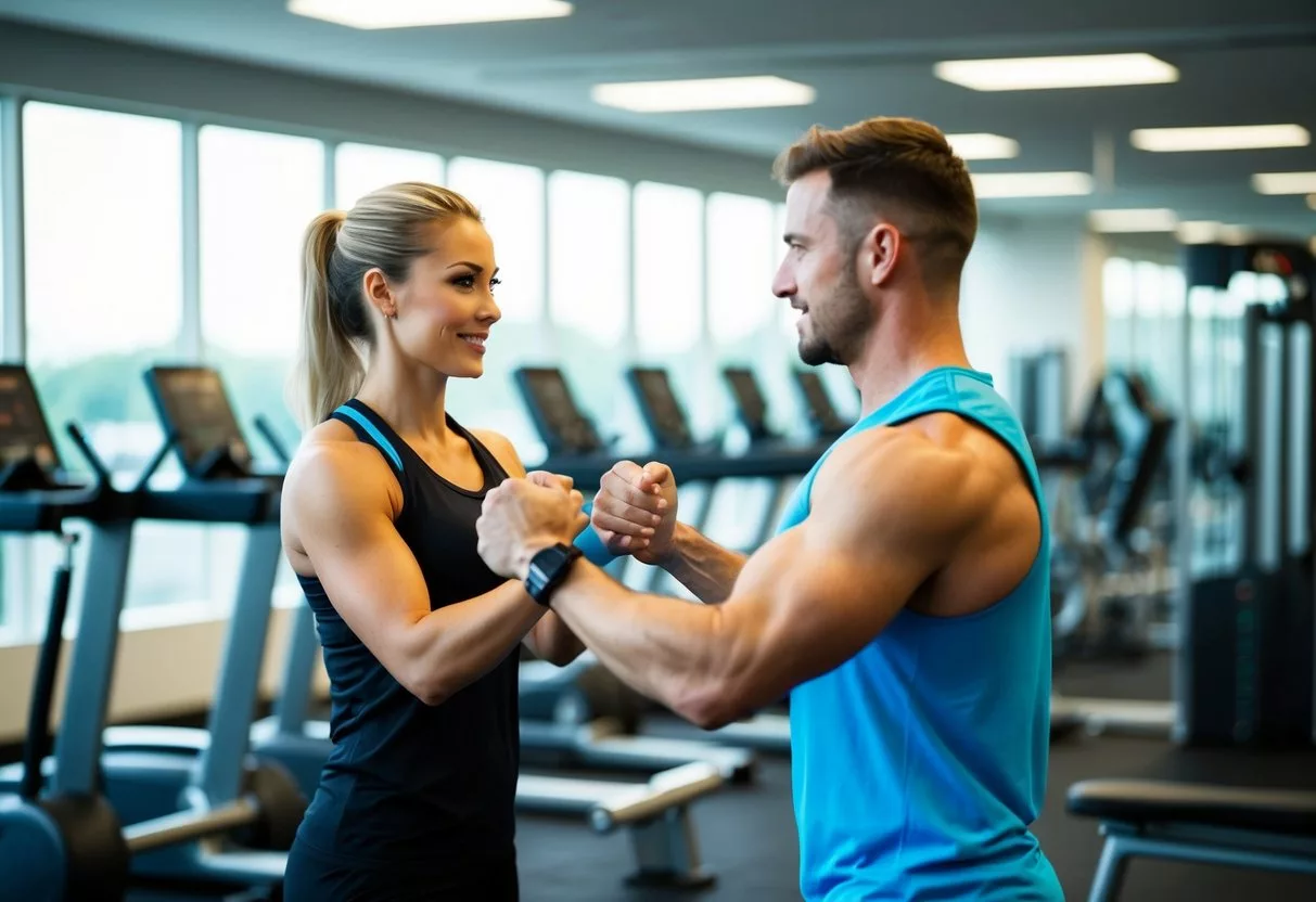 A fitness trainer guiding a client through a workout routine in a well-equipped gym