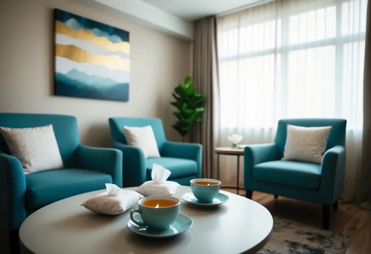 A serene room with comfortable seating, soft lighting, and calming decor. A table is set with tea and tissues, creating a welcoming atmosphere for counseling and support