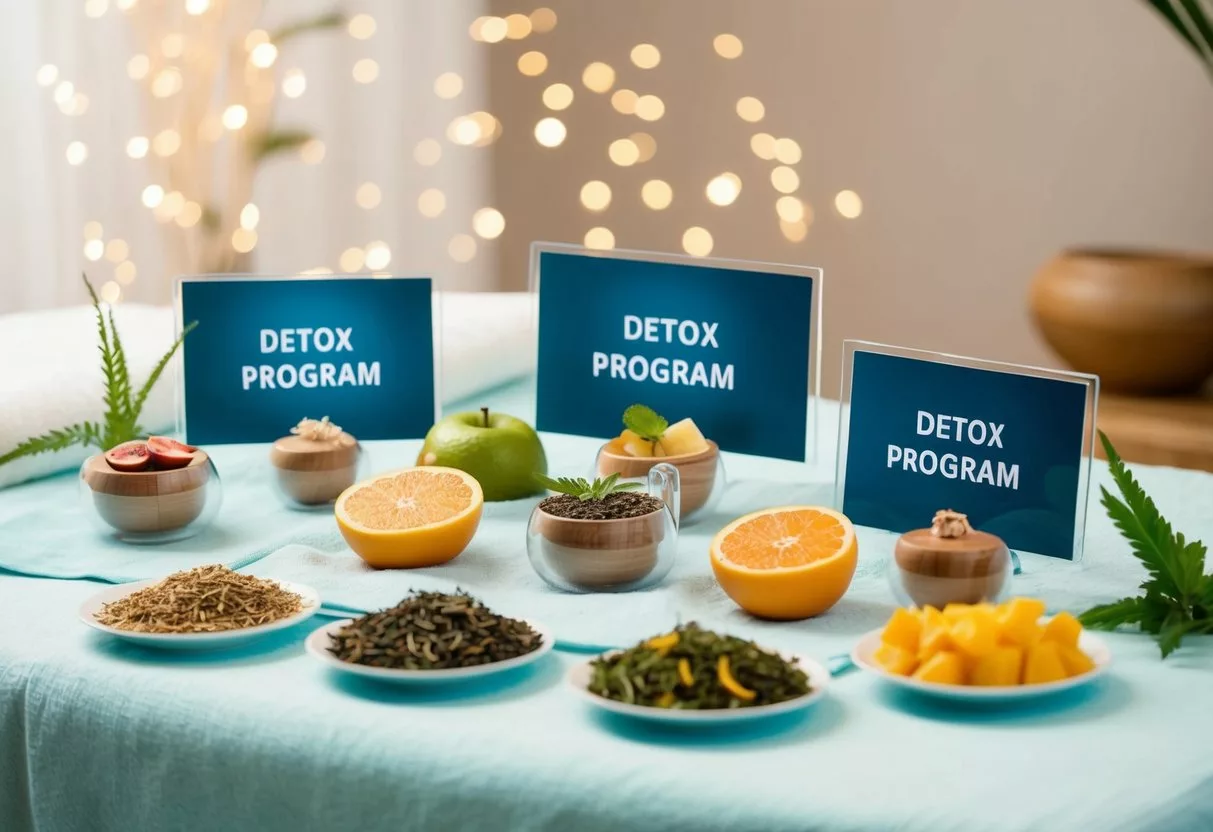 A serene spa-like setting with various detox program options displayed on a clean, organized table. Fresh fruits and herbal teas are visible, creating a calming atmosphere