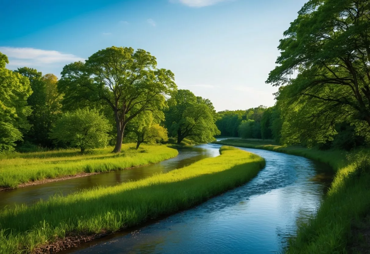 A serene nature scene with a winding river, lush green trees, and a clear blue sky, symbolizing the journey of detox and renewal