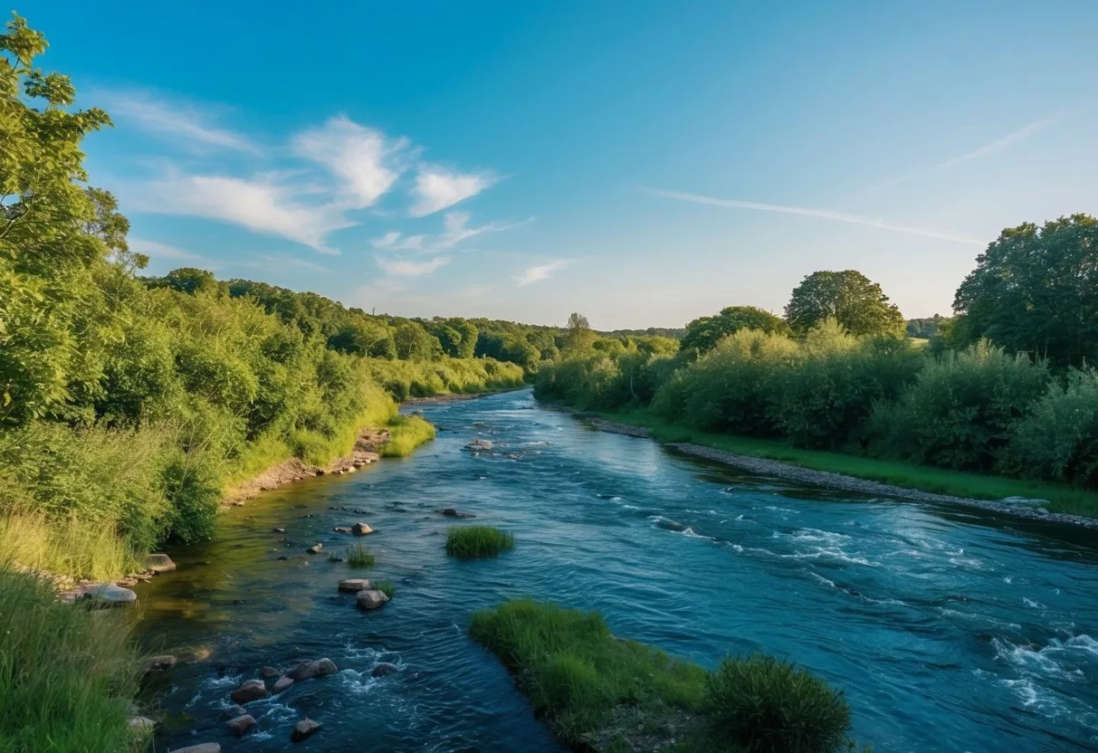 A serene setting with a flowing river, lush greenery, and a clear blue sky, creating a peaceful and tranquil atmosphere for detox programs