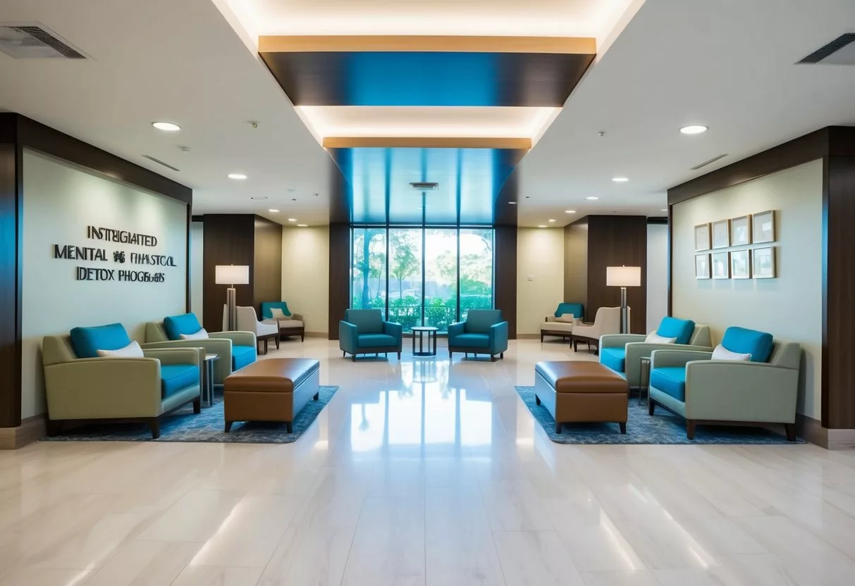 A serene and modern clinic lobby with natural lighting and comfortable seating for patients awaiting integrated mental and physical healthcare detox programs